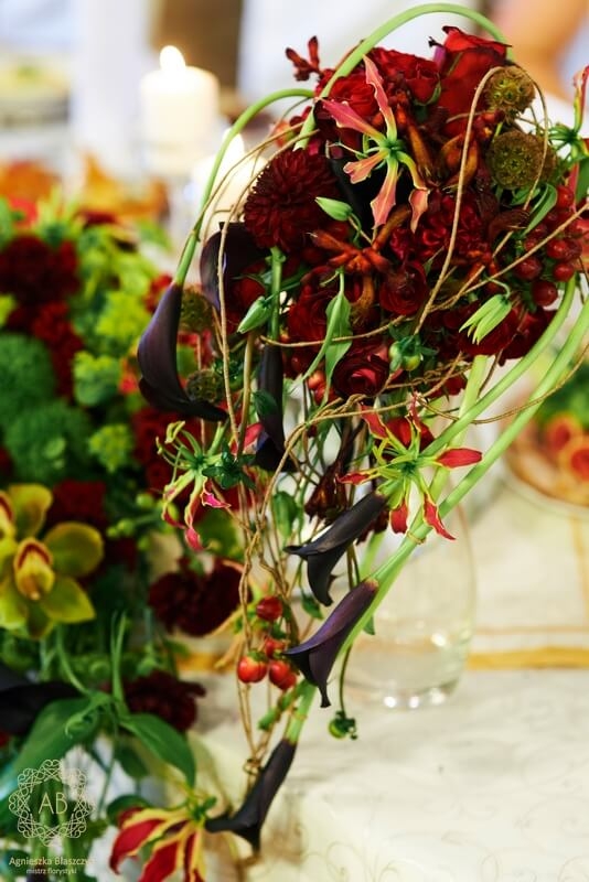 dekoracja-ślubna-kraków-spływający-kaskadowy-bukiet-ślubny-czerwony-bordowy-zielony-cantedeskia-glorioza-róża-dalia-driakiew-anigozantos-dziurawiec-agnieszka-błaszczyk-abkwiaty