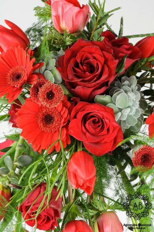 Bukiet ślubny Kraków czerwony kaskadowy tulipany zawilce róże gerbery Agnieszka Błaszczyk abkwiaty