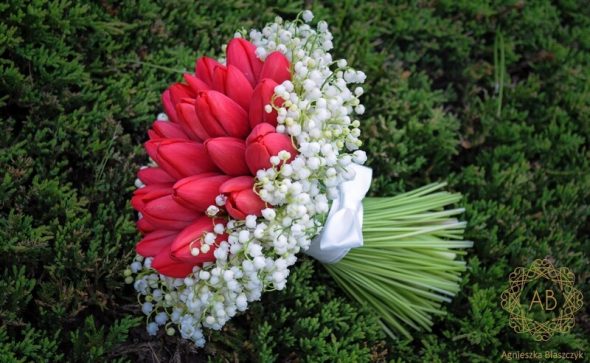 Bukiet ślubny z czerwonych tulipanów i białych konwalii kwiaty na ślub w maju Kraków Agnieszka Błaszczyk abkwiaty